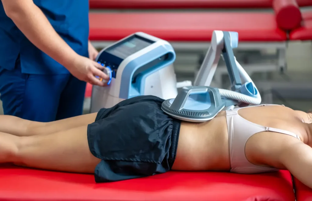 Paciente acostada durante emsculpt – Imagen de comodidad durante el procedimiento no invasivo- clinica de fitness