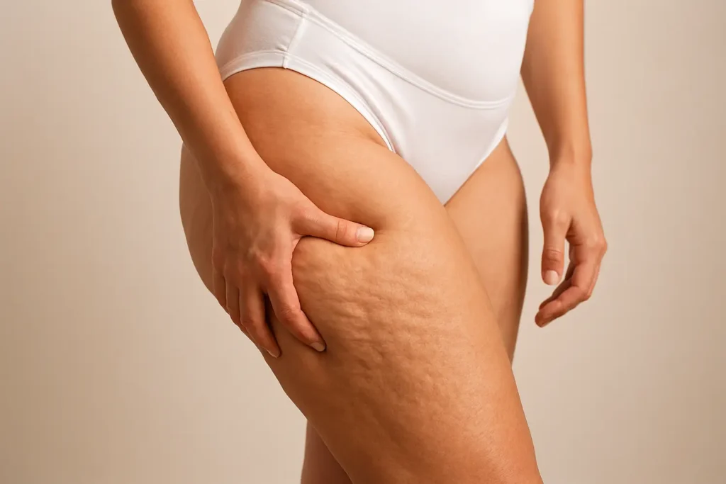 Clínica de Fitness | Porque se forma la celulitis en las piernas Mujer mostrando celulitis en las piernas en etapa inicial clinica del fitness