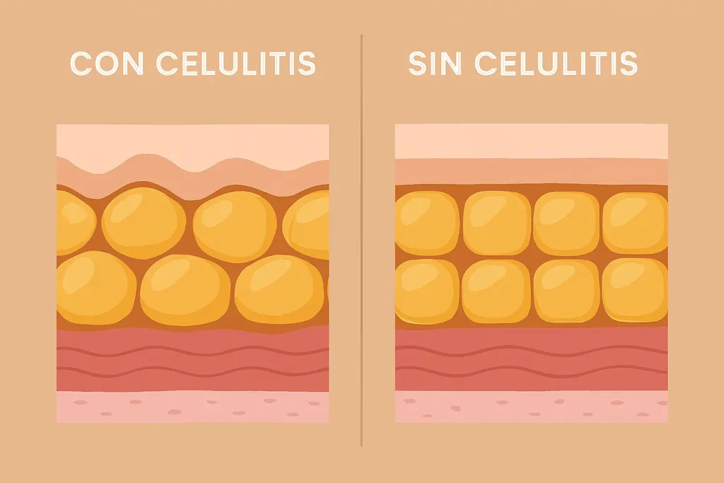 Clínica de Fitness | Porque se forma la celulitis en las piernas Representación de la piel con y sin celulitis en la piel-clinica del fitness